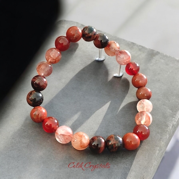 Fire Quartz, Red Tiger Eye, Carnelian & More Crystals Bracelet Unisex 8mm - Picture 8 of 9